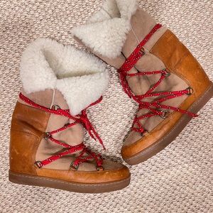 ISABEL MARANT nowly boots shearling snow winter wedge shoes tan red size 41/9.5